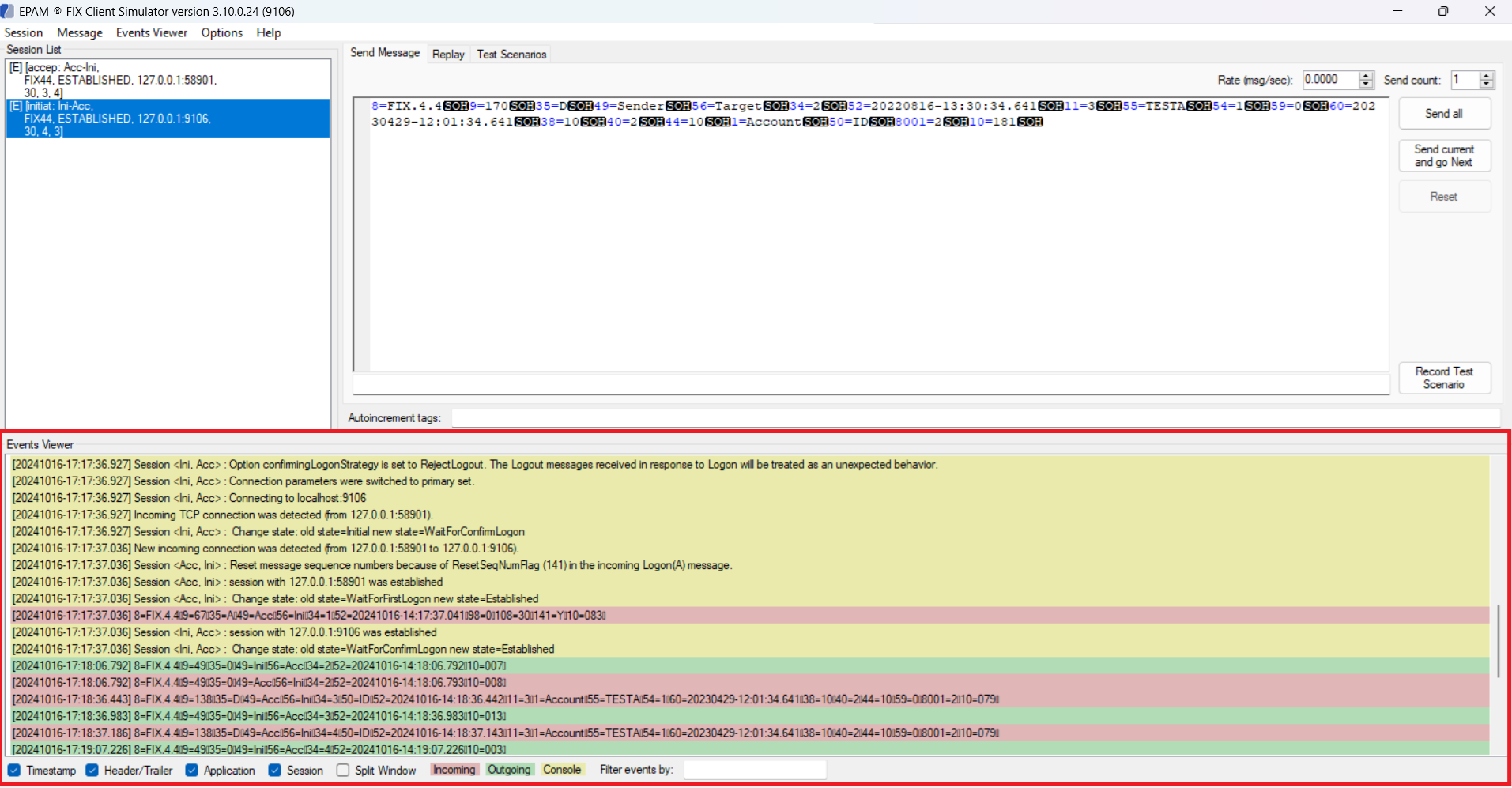 FIX Client Simulator events viewer
