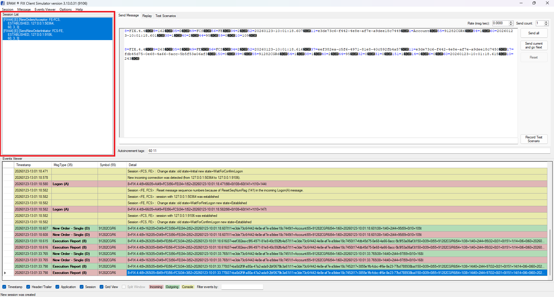 FIX Client Simulator sessions