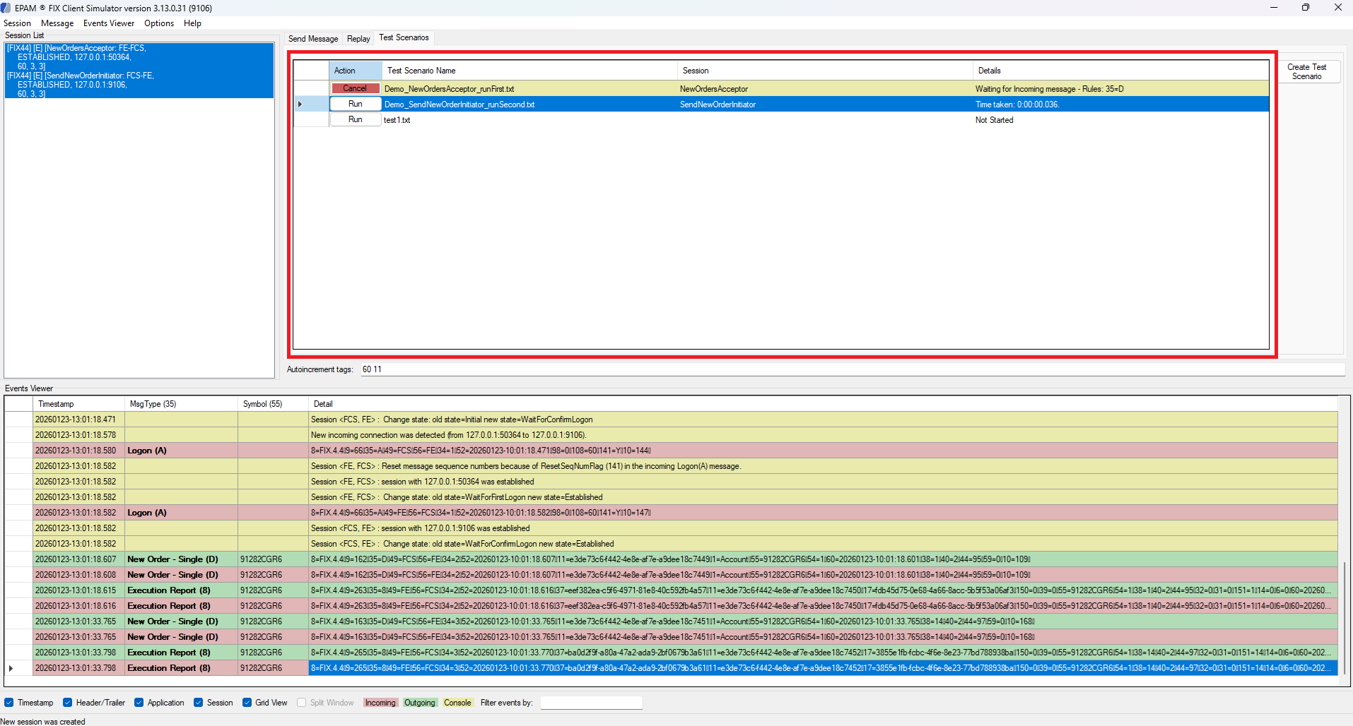 FIX Client Simulator Test Scenarios